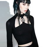 Vintage Gothic Halter Women T Shirts Goth Dark Sexy Pentagram Hollow Out Female Crop Tops Black Clubwear Slim Tshirt Dropship - webtekdev