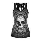 Raisevern 3D Skull Print Black Tops Sleeveless Hollow Out O Neck Tank Vest Female Bodybuilding Fitness Sporting Shirts Dropship - webtekdev