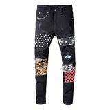 Sokotoo Men's rivets stars printed patchwork black jeans Trendy streetwear slim fit stretch denim pencil pants Ripped trousers - webtekdev