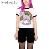 N-olsollo Harajuku Cartoon Animals Women Clothes 2019 Summer Crop Tops Slim Sexy Cropped Short Sleeve O-neck Black Hemming Shirt - webtekdev