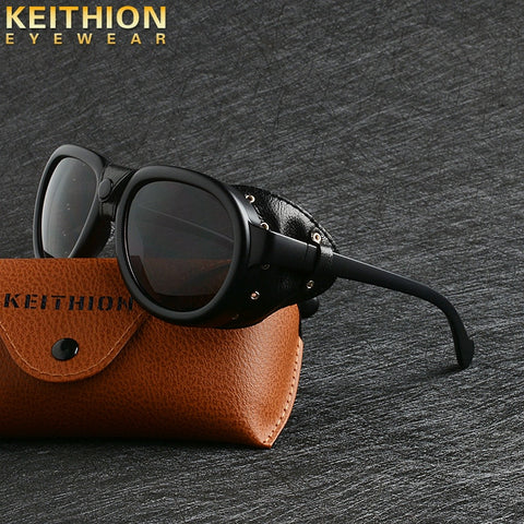 KEITHION Retro Steam punk Sunglasse Men Round Designer Steam Punk PU leather Shields Sunglasses Women Goggles UV400 Gafas de Sol - webtekdev