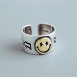 Hot Sale Happy Smiley Face Lightning 925 Sterling Silver Female Ring Big Large Retro Vintage Golden Gothic Women Jewelry Rings - webtekdev
