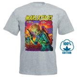 Mars Attacks Movie Mens T Shirt Attacking Alien With A Saucer Filled Sky - webtekdev