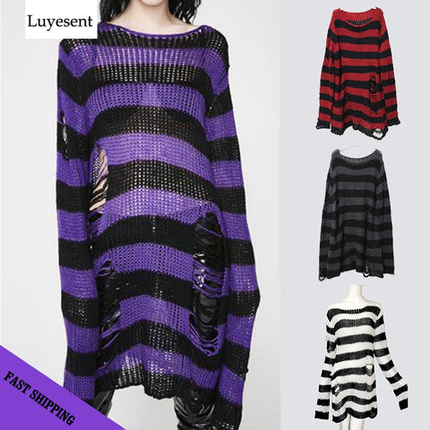 Plus size Gothic Sweater Women Loose Befree Winter Long Pullover Striped Hole Rock Hip-pop Sweaters Knit Jumpers Sweter Mujer - webtekdev