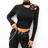 Vintage Gothic Halter Women T Shirts Goth Dark Sexy Pentagram Hollow Out Female Crop Tops Black Clubwear Slim Tshirt Dropship - webtekdev