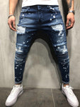 2020 Hot Men's Painted Skinny Slim Fit Straight Ripped Distressed Pleated Knee Patch Denim Pants Stretch Pleated Snowflake jeans - webtekdev