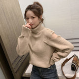 Turtleneck Lady Pullover Sweater 2020 Woman Hollow Out Button Bodycon Knit Top Khaki Coffee Black Autumn Basic Korea Slim Jumper - webtekdev