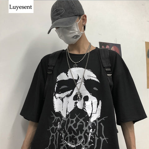 Punk Skull Face Print Woman T-shirts 2020 Summer Couple Man Hip-pop Loose Short Sleeve Basic T Shirt Rock Top Black Dark Gray - webtekdev