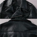 New luxury European fashion slim men's Black PU leather jacket rivets youth close up suit collar locomotive leather coat - webtekdev