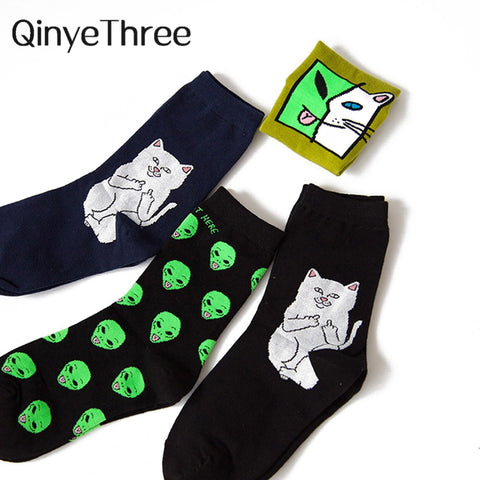 1 Pair Autumn Winter Women Cotton Socks Art Funny Alien Planet Creative Funny Cartoon Cat Breathable Socks Couple socks - webtekdev