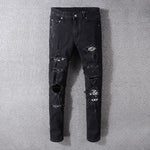 High Street Fashion Men's Jeans Black Color Destroyed Hip Hop Jeans Men Broken Punk Pants Patch Skinny Ripped Jeans For Men - webtekdev