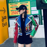 Fashion rivet beading pu leather jacket female hit color streetstyle Graffiti outerwear letters printed leather jackets F616 - webtekdev
