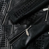 New luxury European fashion slim men's Black PU leather jacket rivets youth close up suit collar locomotive leather coat - webtekdev