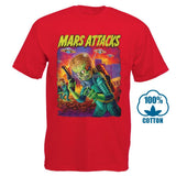 Mars Attacks Movie Mens T Shirt Attacking Alien With A Saucer Filled Sky - webtekdev