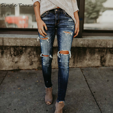 2020 Spring Fashion Bleached Ripped Jeans Women Cotton Denim Slim Elasticity Skinny Pants Moustache Effect Vintage Jeans Femme - webtekdev