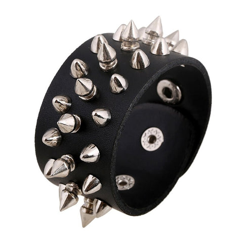 Unique Sliver Spikes Rivet Stud Wide Cuff Genuine Leather Punk Gothic Rock Unisex Bangle Bracelet Men Jewelry (Hot Stamping) - webtekdev