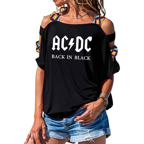 ACDC Band Rock T-Shirt Women's ACDC Letter Printed Tshirts Hip Hop Rap Music Short Sleeve Sexy Hollow Out Shoulder Tops Tee - webtekdev