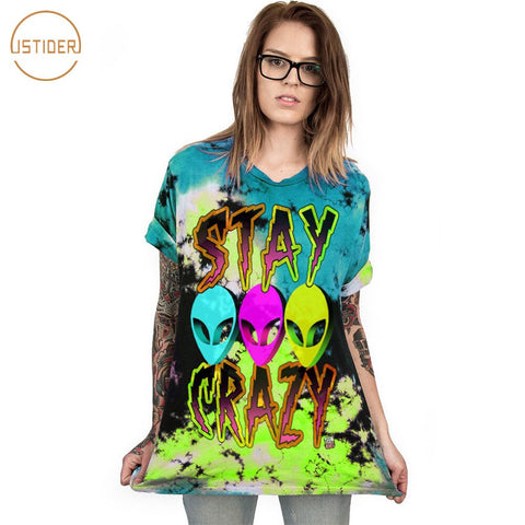 ISTider Alien Printed Punk T Shirt for Girls Boys STAY CRAZY Letters Print Hip Hop Tee Shirts Men Women Summer Loose Tshirt - webtekdev