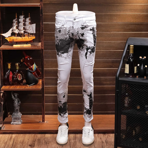 Autumn White Printing Leisure Time Jeans Man Directly Canister Self-cultivation Elastic Force Personality Long Pants Joker - webtekdev