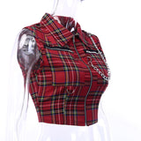 2020 New Red Plaid Chains Zippers Vest Women Sleeveless Lapel Gothic Punk Short Top Vintage Casual Vests Chalecos Para Mujer - webtekdev