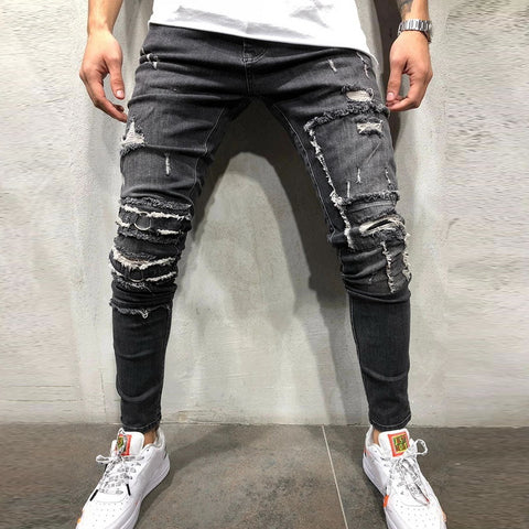 CYSINCOS Streetwear Men's Ripped Skinny Distressed Destroyed Slim Stretch Biker Jeans Men Pants With Holes Full Length Trousers - webtekdev