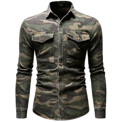 Denim Shirt Men Korean Wash Camouflage Jean Long Sleeve Casual Shirts High Grade Hip Hop Streetwear Sportswear Overalls Outwear - webtekdev