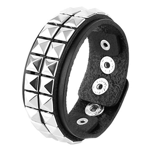 HZMAN Unisex Black Genuine Leather Silver Pyramid Studs Wristband 80s Gothic Punk Glam (2 Rows) … (Black) - webtekdev