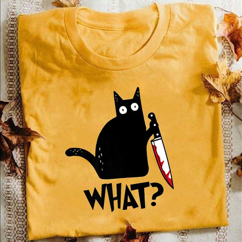 Cat What T Shirt Murderous Cat With Knife Funny Halloween Gift T Shirt Unisex Cotton T shirts for men and women - webtekdev