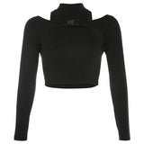 Vintage Gothic Halter Women T Shirts Goth Dark Sexy Pentagram Hollow Out Female Crop Tops Black Clubwear Slim Tshirt Dropship - webtekdev