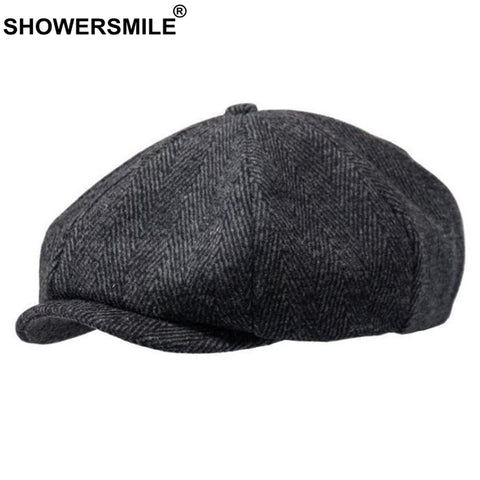 SHOWERSMILE Brand Wool Newsboy Caps Men Grey Herringbone Flat Caps Women Coffee British Gatsby Cap Autumn Winter Woolen Hats - webtekdev
