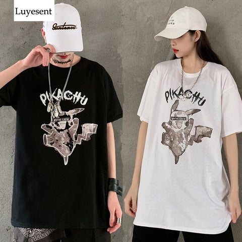 Cute Cartoon Print Couple T-shirts 2020 Summer Woman Man Letter Lovely Harajuku Loose O Neck Basic T Shirt White Black Sport Top - webtekdev