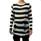 Punk Gothic Cool Male Striped Long Sweater Man Stretch Thin Pullover Broken Sweaters Hollow Out Slit Spring KnitTop Jumpers 2020 - webtekdev