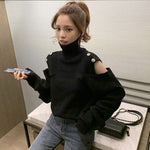 Turtleneck Lady Pullover Sweater 2020 Woman Hollow Out Button Bodycon Knit Top Khaki Coffee Black Autumn Basic Korea Slim Jumper - webtekdev