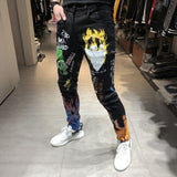 Fashion Streetwear Men Jeans Black Color Paint Printed Jeans Men Designer Hip Hop Pants Slim Fit Elastic Punk Style Pencil Pants - webtekdev