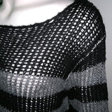 New Gradient gray Striped Thin Women Long Sweater Dress Unisex Man Hollow Out Cool Hole Jumper Loose Stretch Sweaters 2020 Punk (Gradient gray One Size) - webtekdev