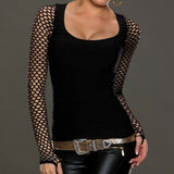 Fishnet T Shirt Women Low Cut Long Sleeve Tops Punk Rock Gothic Net Shirt Camiseta Mujer Tee Shirt Femme Slim Tshirt Women - webtekdev