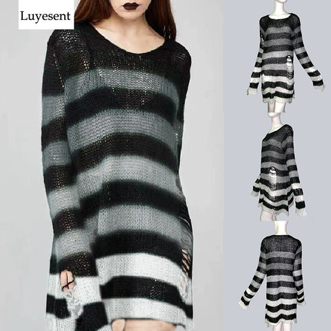 New Gradient gray Striped Thin Women Long Sweater Dress Unisex Man Hollow Out Cool Hole Jumper Loose Stretch Sweaters 2020 Punk (Gradient gray One Size) - webtekdev