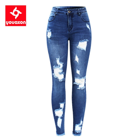 2127 Youaxon New S-XXXXXL Ultra Stretchy Blue Tassel Ripped Jeans Woman Denim Pants Trousers For Women Pencil Skinny Jeans - webtekdev