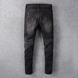 Sokotoo Men's black bandanna paisley printed patchwork biker jeans Slim skinny pleated stretch denim ripped pants - webtekdev