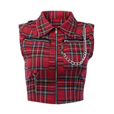 Rosetic Gothic Chic Sexy Club Punk Black Plaid  Women Tops Vest Slim Lapel Zipper Chain Plaid Female Goth Retro Hip Hop Shirt - webtekdev