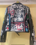 Rivet beading Pu Leather Jacket Women Graffiti Colorful Print Biker Jackets and Coats PUNK Streetwear jacket - webtekdev