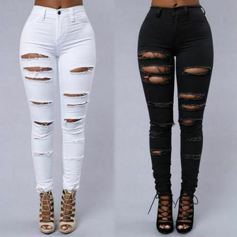 Women's High Stretch Denim Pants Ladies Mid High Waist Distressed Ripped Skinny Pencil Pants Black White - webtekdev