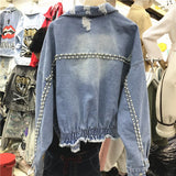 Frayed Denim Short Jacket Women's 2020 Spring New Hand Studded Diamond Loose Casual Style Jean Jacket Top Elastic Waist Coat - webtekdev