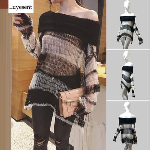 Punk Loose Women Pullover Long Sweater Gothic Thin Striped Hollow Out 2020 Lady Transparent Hole Cool Top Slash Neck Jumpers New (black and beige One Size) - webtekdev