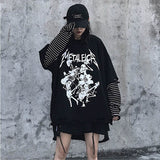 Black Cool Punk Loose Striped Sleeve Splice  Unisex Sweatshirt 2020 Women Man Gothic Letter Music Skull Print Warm Rock Long Top (black One Size) - webtekdev