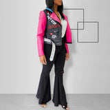 Women's Rivet Printing Lapel Contrast Color Zipper PU Leather Fashionable Coat Long-sleeve Short Jacket - webtekdev