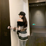 Punk Loose Women Pullover Long Sweater Gothic Thin Striped Hollow Out 2020 Lady Transparent Hole Cool Top Slash Neck Jumpers New (black and beige One Size) - webtekdev