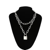 Double layer Lock Chain necklace punk 90s link chain silver color padlock pendant necklace women fashion gothic  jewelry - webtekdev