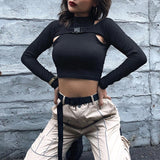 Vintage Gothic Halter Women T Shirts Goth Dark Sexy Pentagram Hollow Out Female Crop Tops Black Clubwear Slim Tshirt Dropship - webtekdev