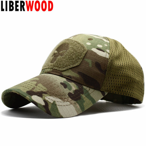 LIBERWOOD Punisher Skull Multicam Operator Cap Men Mesh summer Fitted Tactical Cap Special Force Sniper SWAT Hat place patch OD - webtekdev